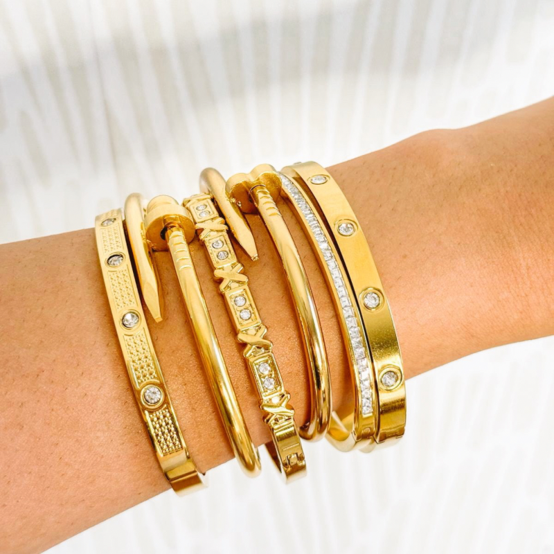 Gold Nail-Style Stainless Steel Bangle with Ball Detail