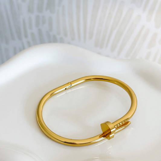 Gold Nail-Style Stainless Steel Bangle with Heart Detail