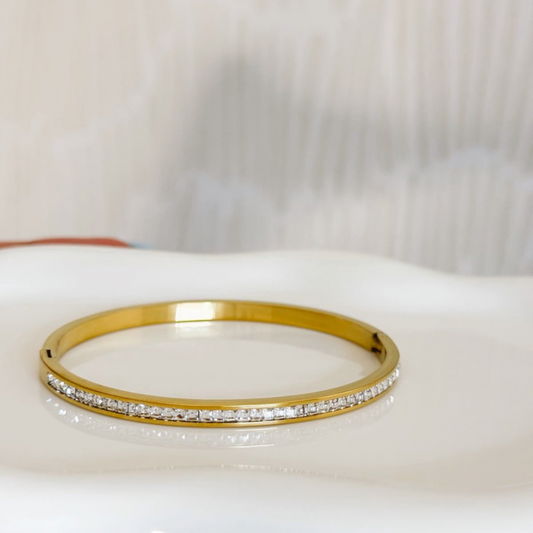 Slim Gold-Tone Stainless Steel Bangle with Zirconia Row
