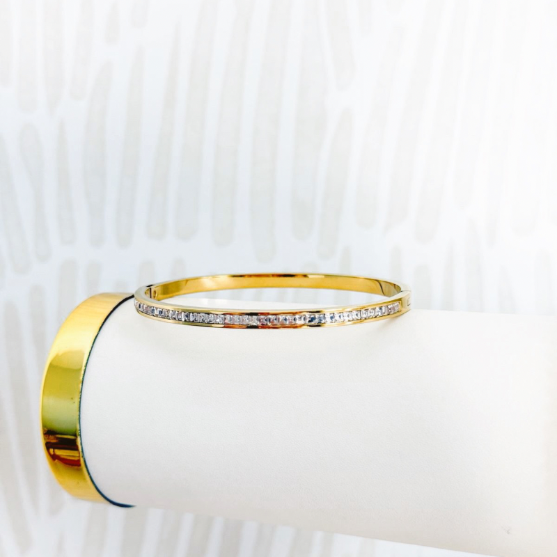 Slim Gold-Tone Stainless Steel Bangle with Zirconia Row