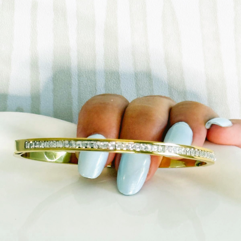Slim Gold-Tone Stainless Steel Bangle with Zirconia Row