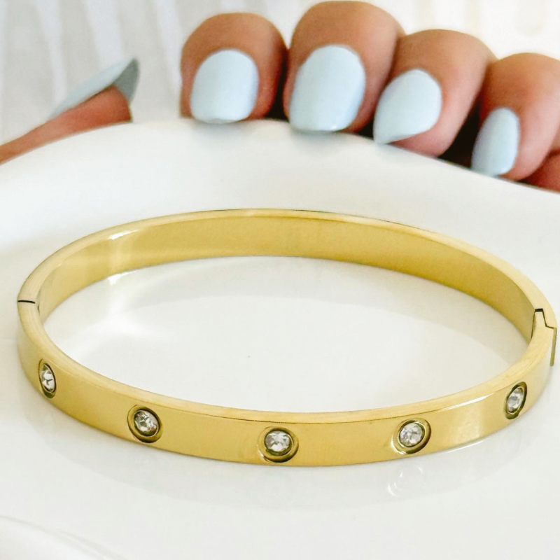 Gold-Tone Stainless Steel Bangle with Zirconia Accents