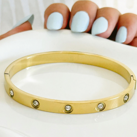 Gold-Tone Stainless Steel Bangle with Zirconia Accents