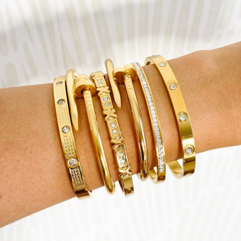 Gold Nail-Style Stainless Steel Bangle with Ball Detail