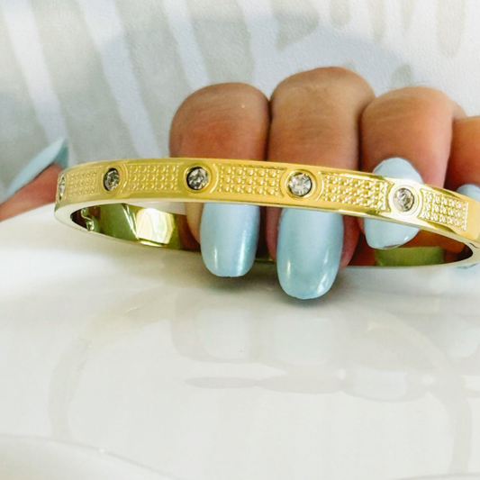 Gold-Tone Stainless Steel Bangle with Textured & Zirconia Details